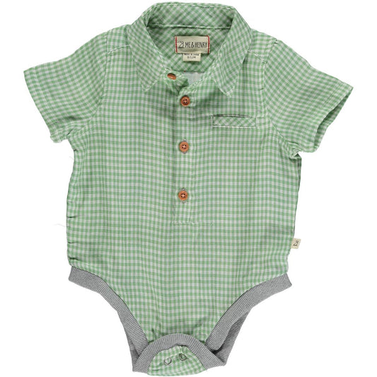 me and Henry green plaid collared woven onesie