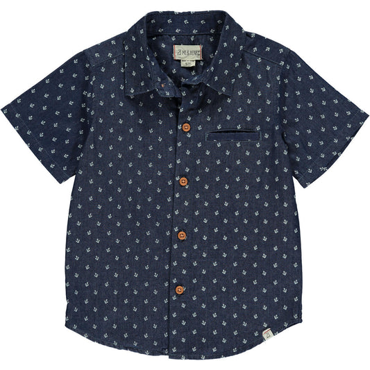 me and Henry, Maui, chambray, anchor print, button up, short sleeve, collared shirt, toddler, little boy, blud, navy, anchors, wood buttons, short sleeve, dressy