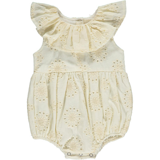Vignette, Maya, Bubble, romper, cream, sleeveless, lace, delicate, ruffles, little girl, baby, toddler, one piece, summer, spring, vacation