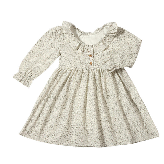 vignette, long sleeve, babydoll style, cream daisy dress, fall, lined, girls, toddler, ruffle neckline and ruffle cuffs