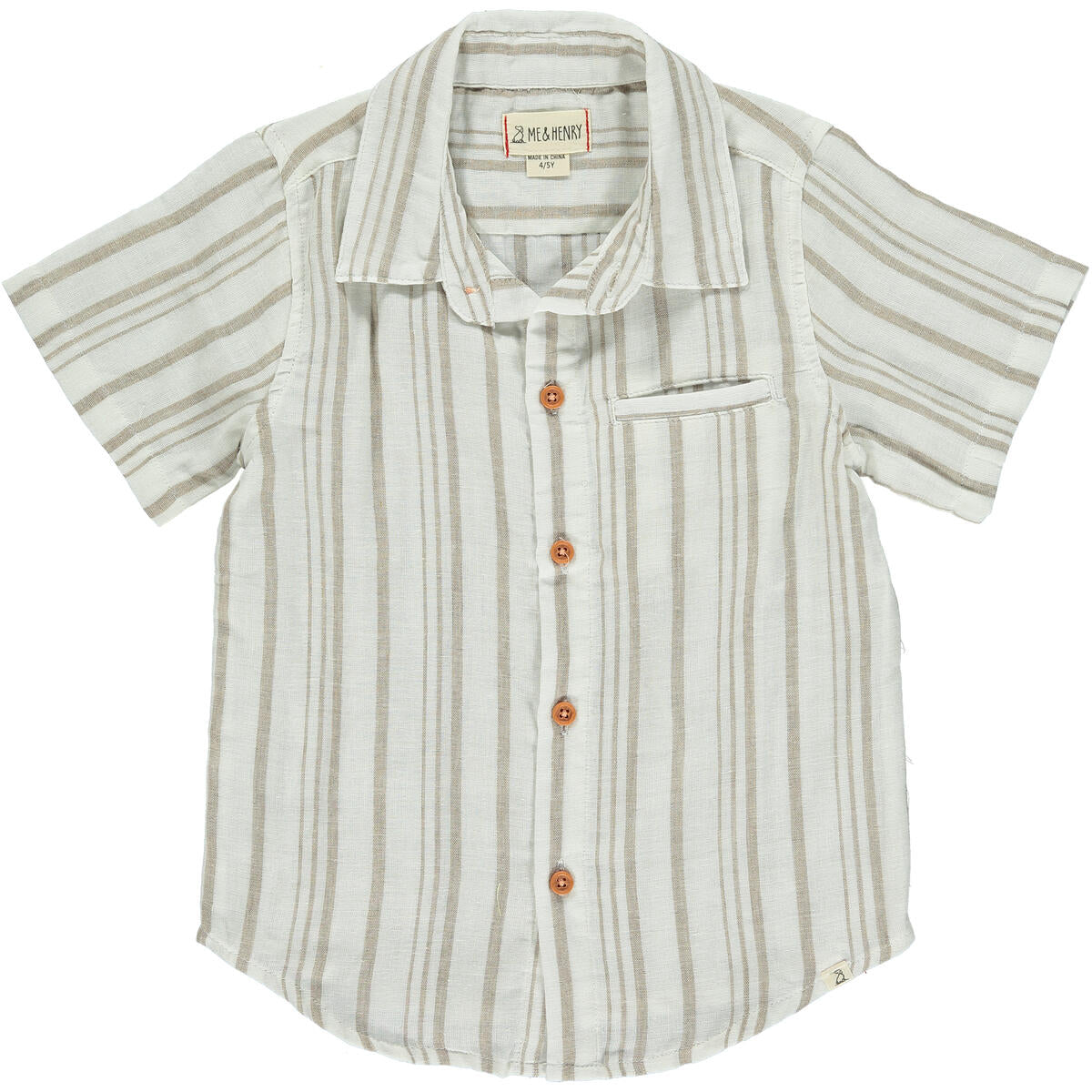 me and Henry, newport, cream and beige, striped, short sleeve, collared shirt, neutral, tan, wood buttons, short sleeve, lightweight, linen blend, cotton, summer, spring