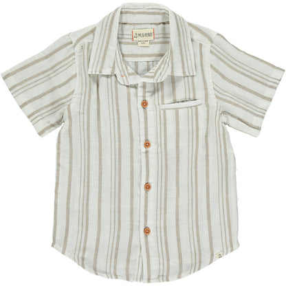 me and Henry, newport, cream and beige, striped, short sleeve, collared shirt, neutral, tan, wood buttons, short sleeve, lightweight, linen blend, cotton, summer, spring