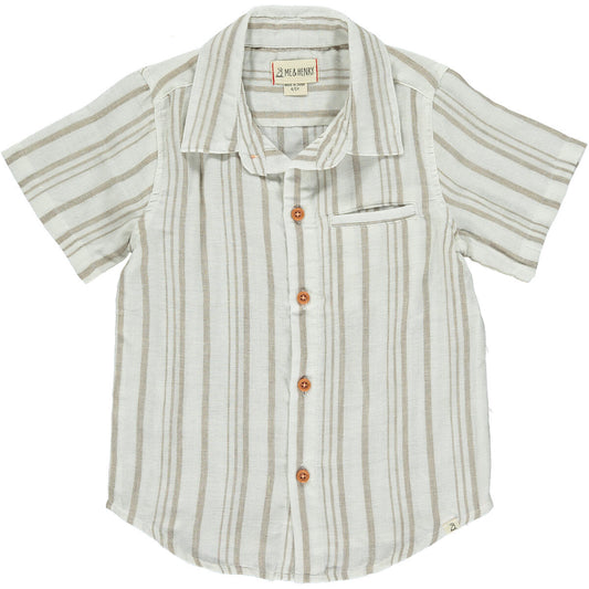 me and Henry, newport, cream and beige, striped, short sleeve, collared shirt, neutral, tan, wood buttons, short sleeve, lightweight, linen blend, cotton, summer, spring
