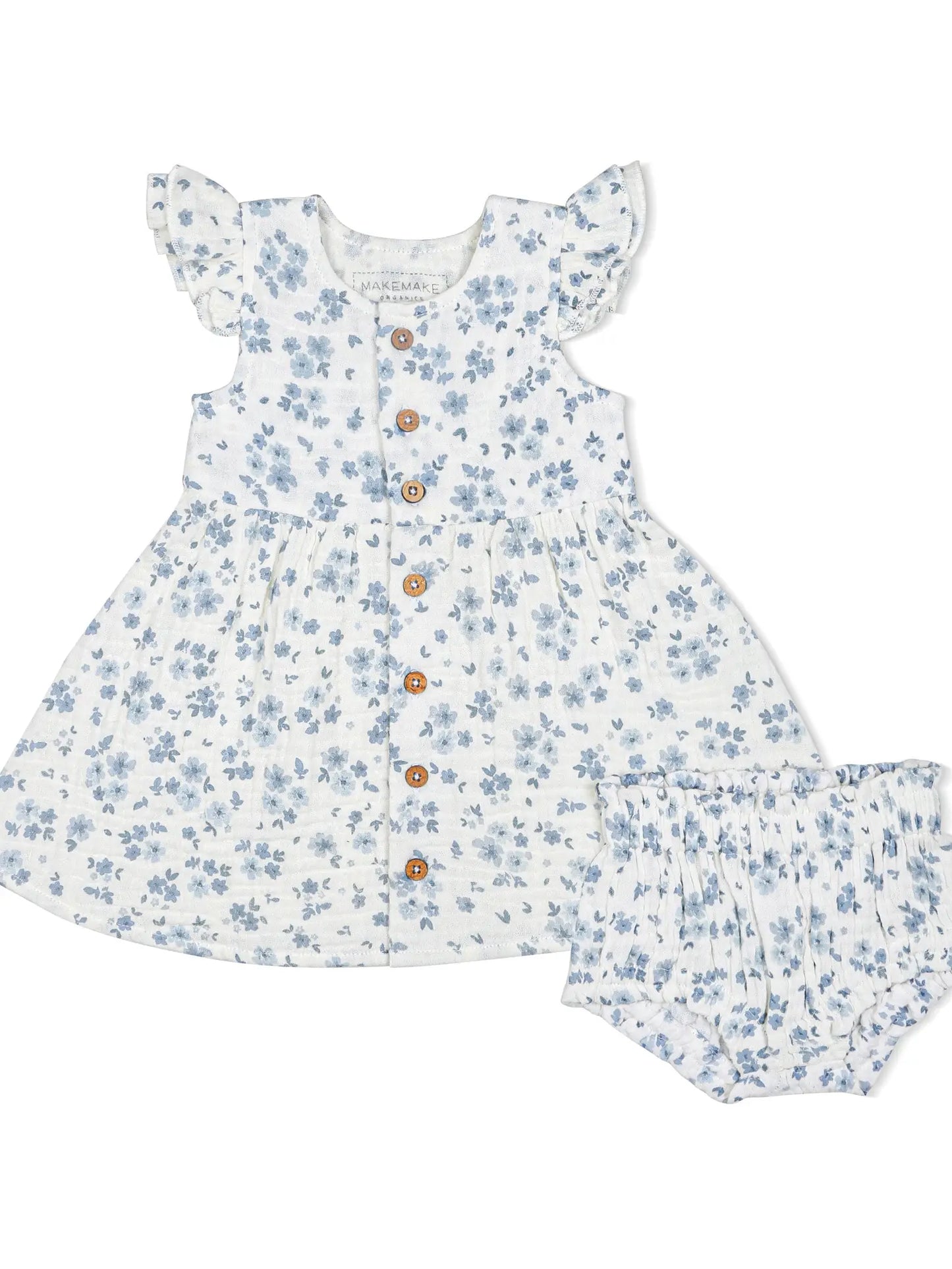 makemake organic button flutter sleeve dress in periwinkle blue floral 