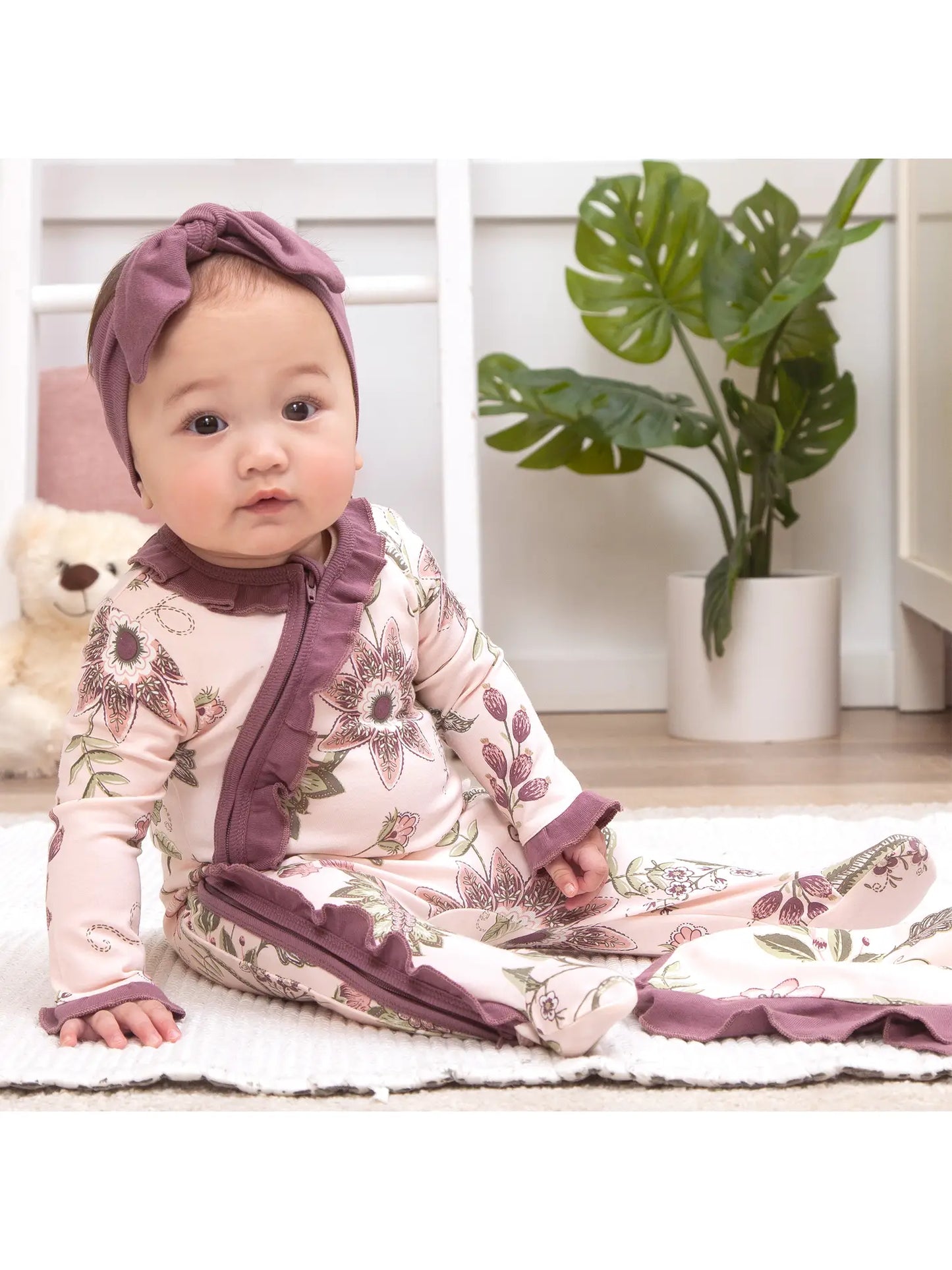 Tesa Babe Baby Girl's Floral Stitchery Bamboo Zipper Romper