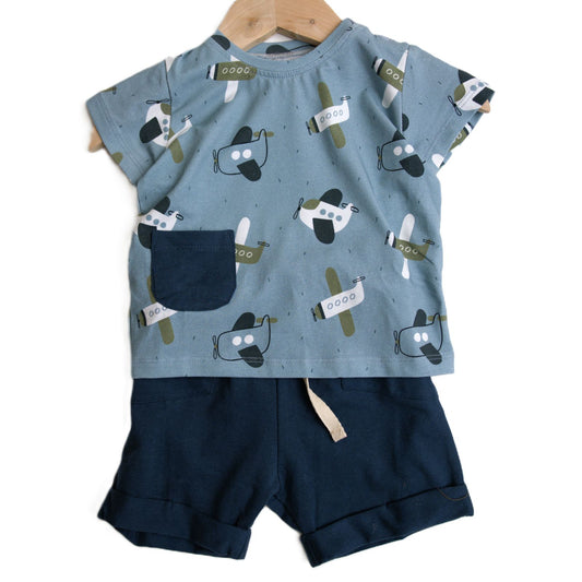 viverano organics children's navy two piece shorts and short sleeve shirt planes