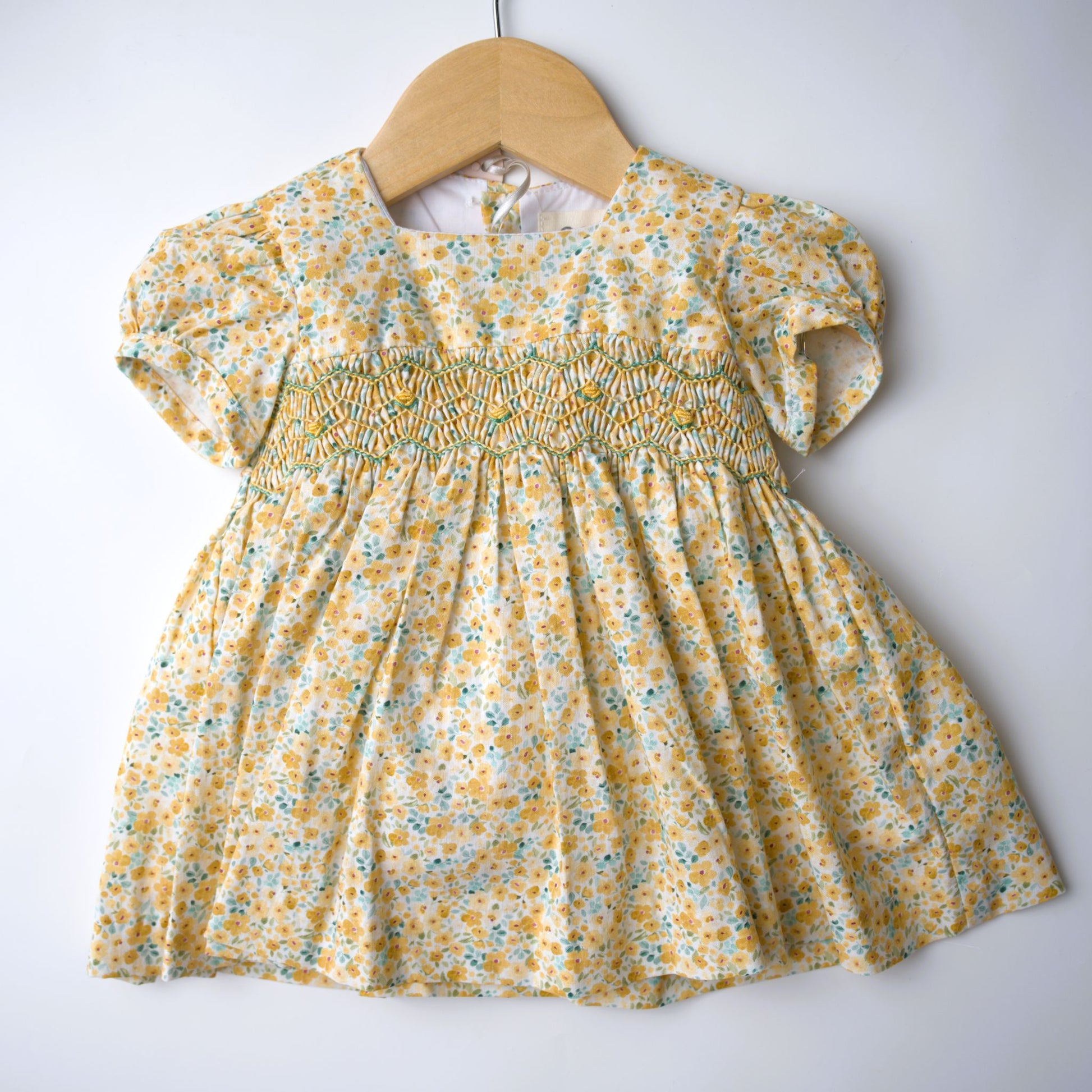 Smocked yellow classic dress amerelo, easter, spring, holiday,  floral, smocked, cap sleeves, heirloom
