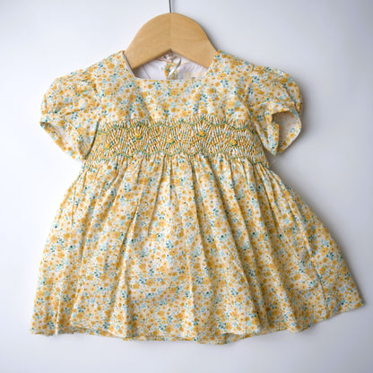 Smocked yellow classic dress amerelo, easter, spring, holiday,  floral, smocked, cap sleeves, heirloom
