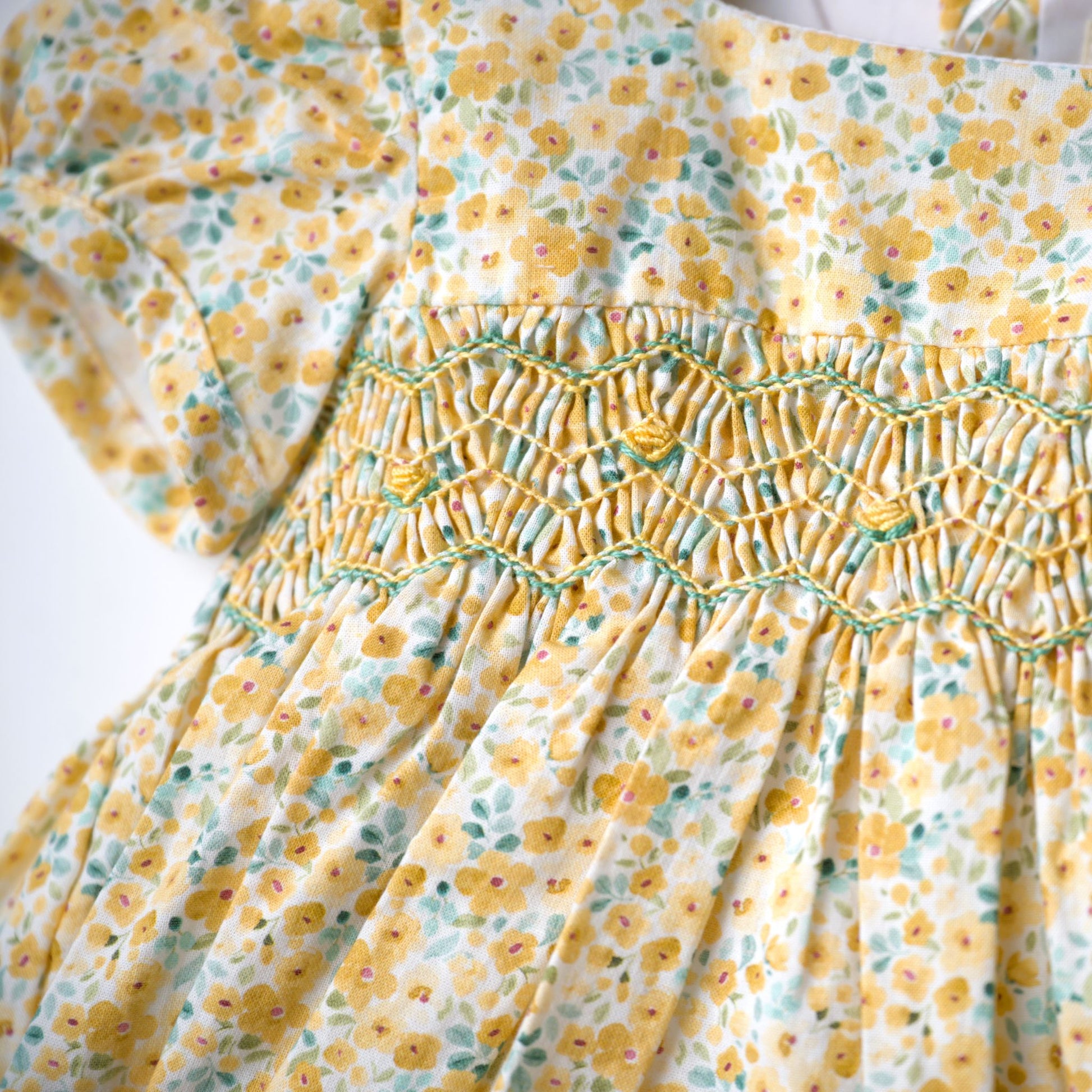 Smocked yellow classic dress amerelo, easter, spring, holiday,  floral, smocked, cap sleeves, heirloom
