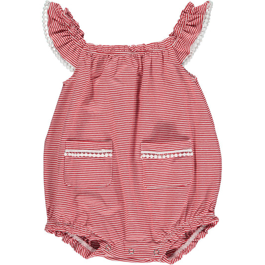 Vignette Aspen, Bubble ,Romper,  Red, Stripe, short sleeve, ruffles, pockets, baby, girl, onesie, one piece, sleeveless, loose, cotton