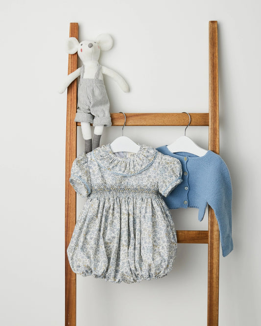 pi & pa, blue and yellow floral romper with smocking, ruffle collar and cap sleeves, girl, baby
