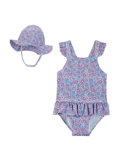 baby purple floral swim suit matching hat ruffle bottom, one piece swim suit, purple floral baby swimsuit, baby swimsuit