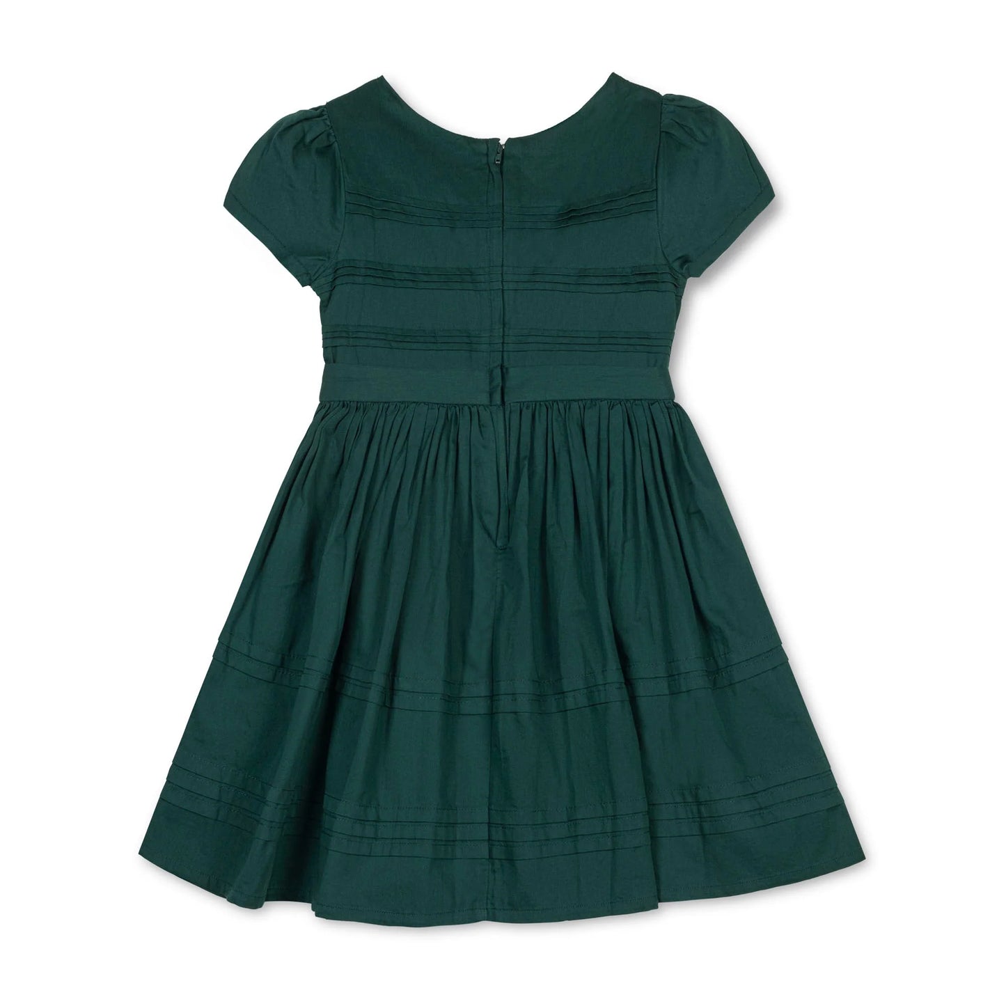 back of Hope & Henry organic pleated sateen party dress in deep green