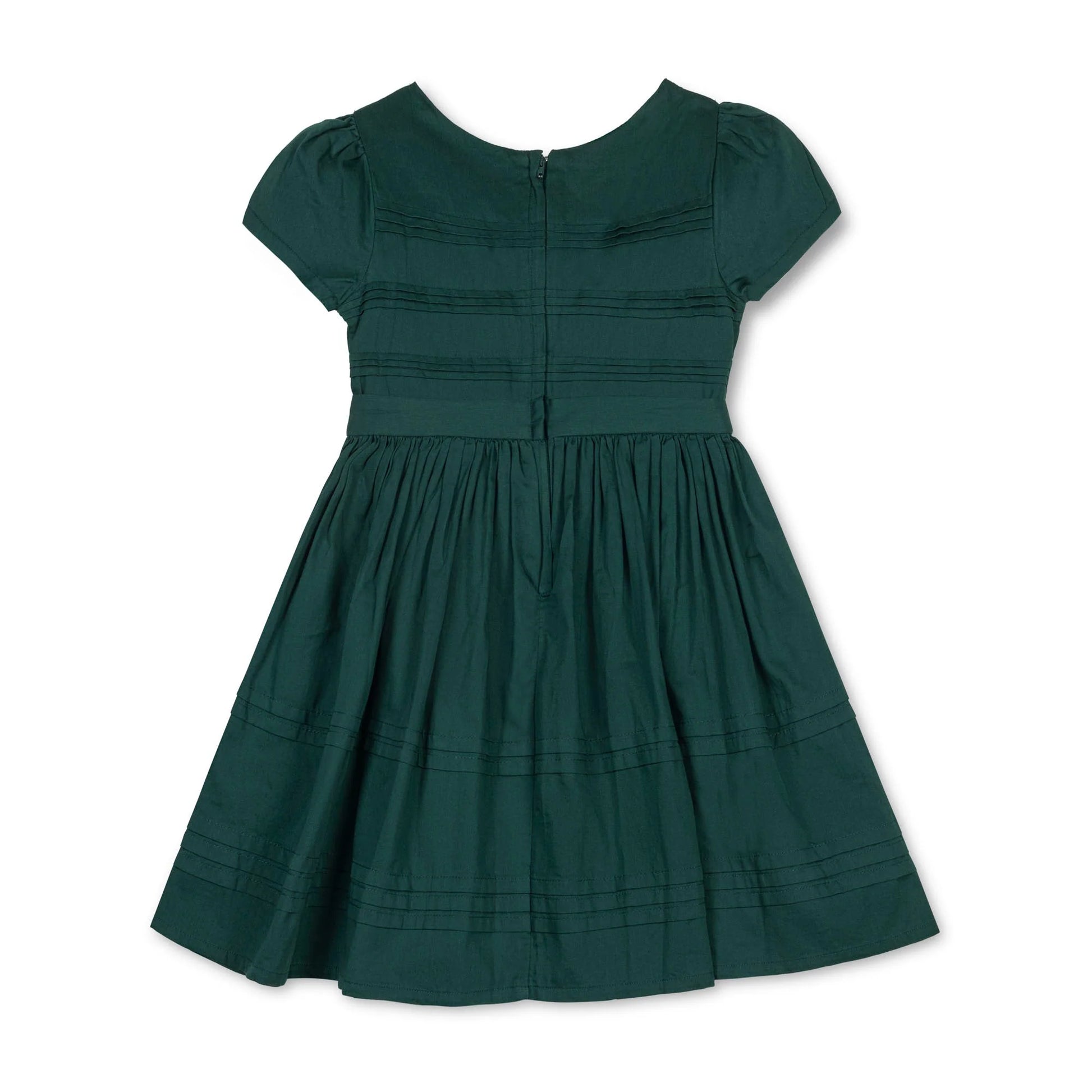 back of Hope & Henry organic pleated sateen party dress in deep green