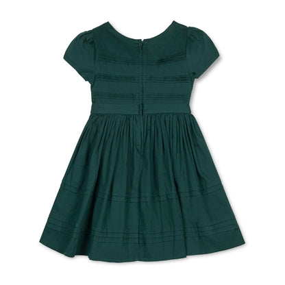 back of Hope & Henry organic pleated sateen party dress in deep green