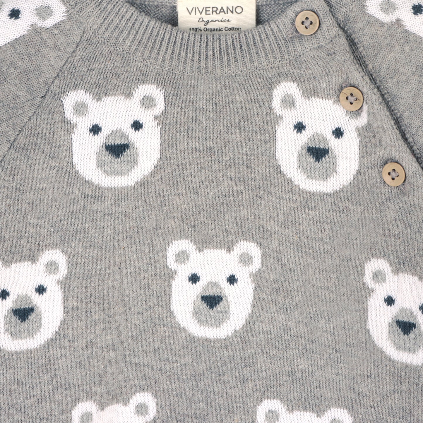 Viverano Organics Bear Jacquard Knit Baby Raglan Pullover Sweater (Organic) - Heather Grey
