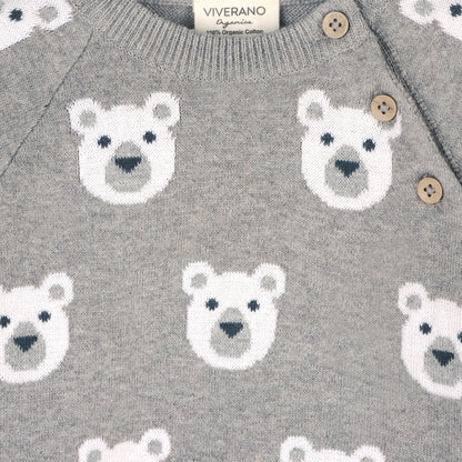 Viverano Organics Bear Jacquard Knit Baby Raglan Pullover Sweater (Organic) - Heather Grey