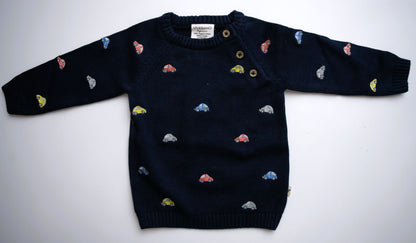Viverano Organics Mini Beetle Cars Embroidered Baby Sweater (Organic) - Navy Blue