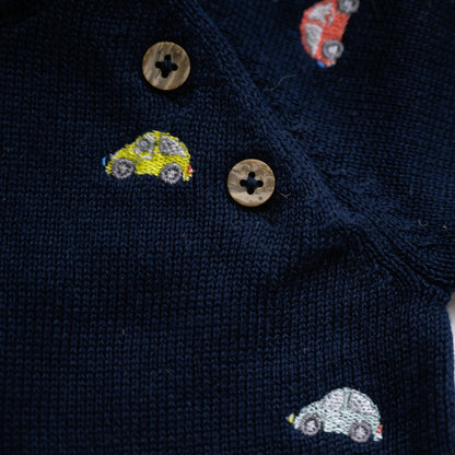 Viverano Organics Mini Beetle Cars Embroidered Baby Sweater (Organic) - Navy Blue