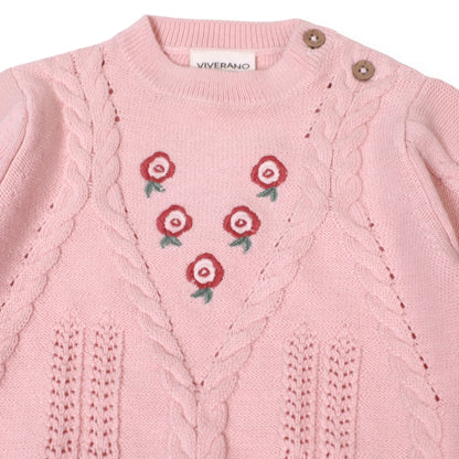 Viverano Organics Floral Embroidered Cable Knit Baby Sweater Pullover (Organic) – Berry