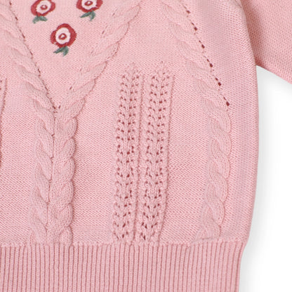 Viverano Organics Floral Embroidered Cable Knit Baby Sweater Pullover (Organic) – Berry