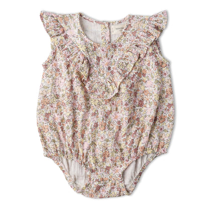 Makemake Organics Organic Sleeveless Ruffle Bubble Romper - Pastel Bloom