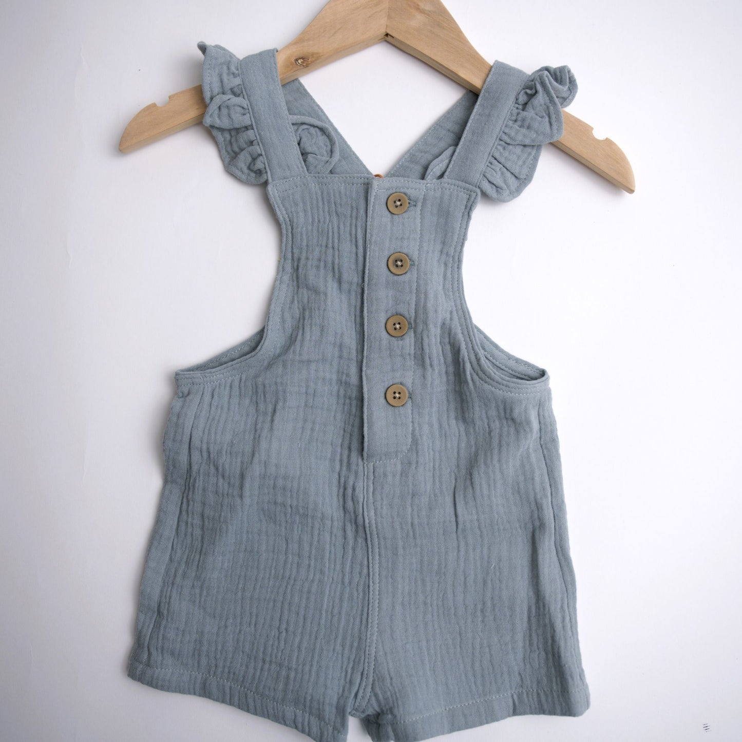 girl's blue nancy overalls, fancy,button,ruffles