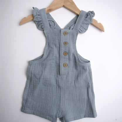 girl's blue nancy overalls, fancy,button,ruffles