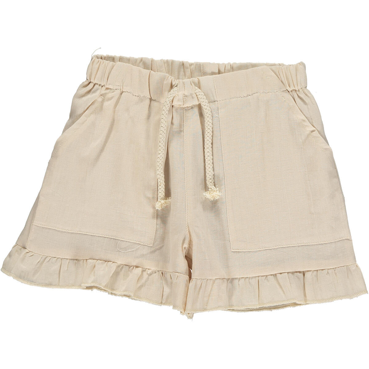 Brynlee Girl's Shorts - Beige ruffle shorts with tie elastic waist, little girl, baby girl, neutral, elastic waist, ruffles, linen blend, cotton