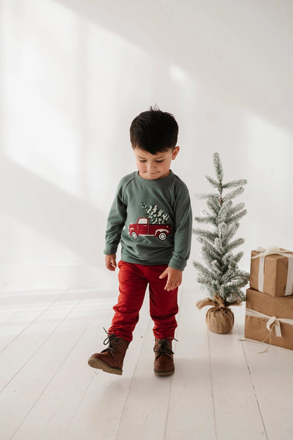 Child wearing a green shirt with a red truck and Christmas tree design, standing in front of a small Christmas tree and presents.