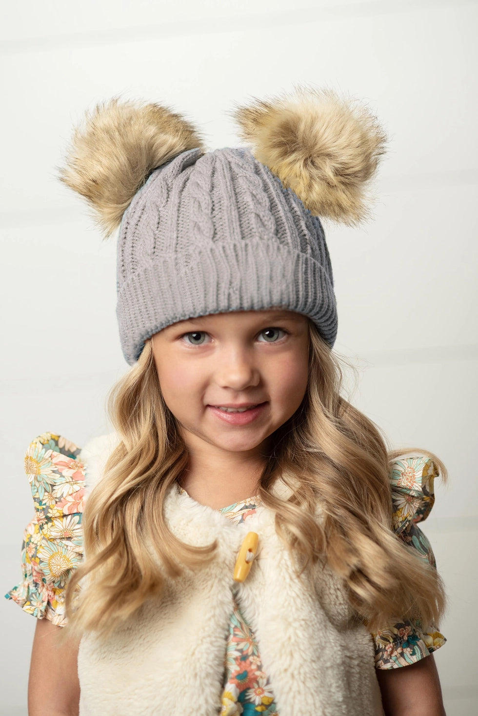 Oopsie Daisy Kid's Gray Cable Knit Fur Double Pom Pom Beanie Winter Hat