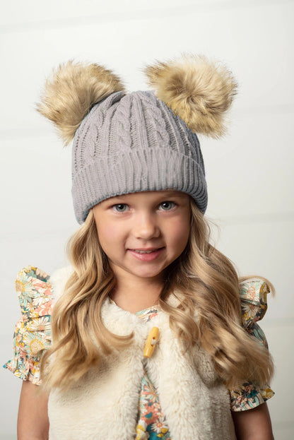Oopsie Daisy Kid's Gray Cable Knit Fur Double Pom Pom Beanie Winter Hat