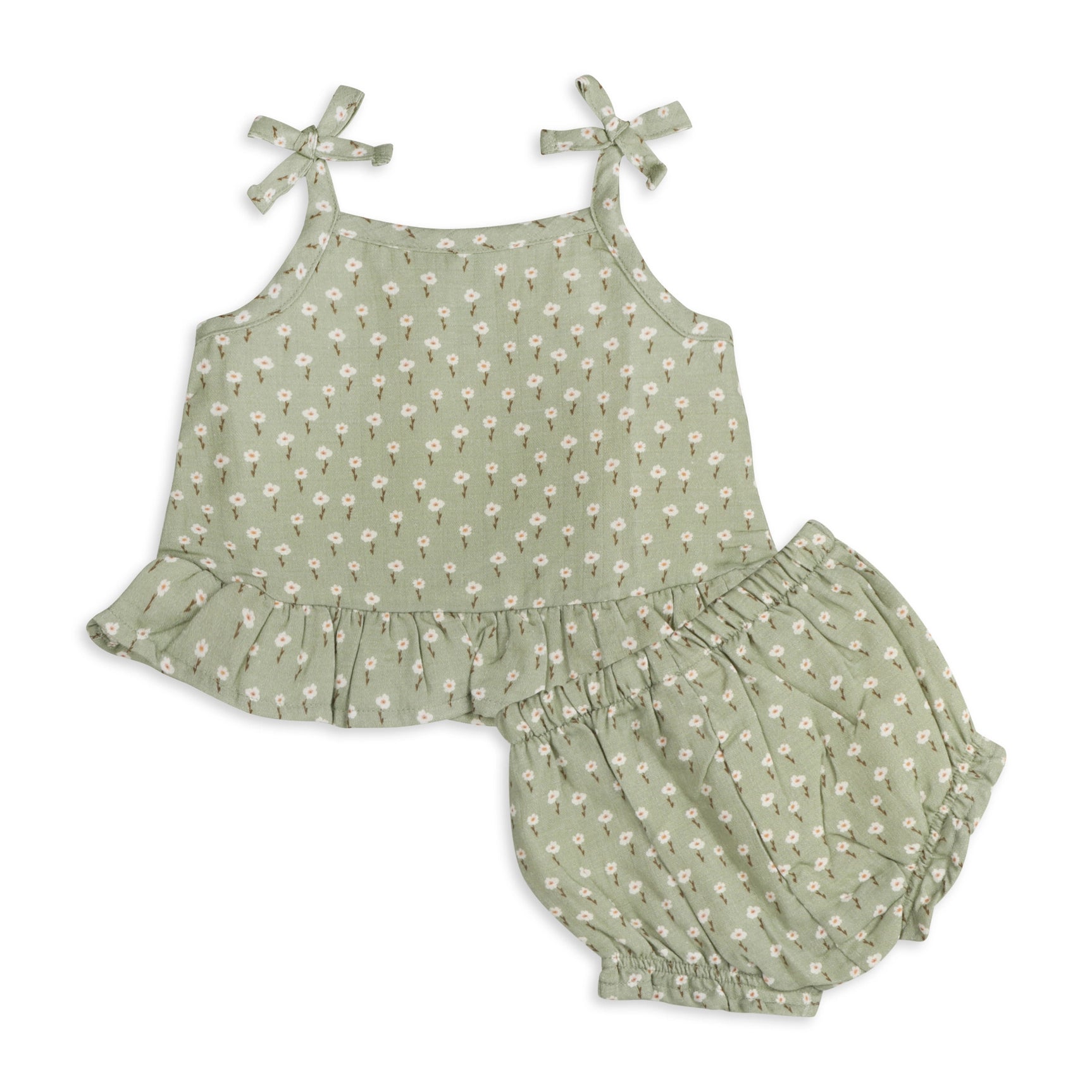 viverano, green two piece, baby outfit in sage green and daisy pattern .  ruffled bottom