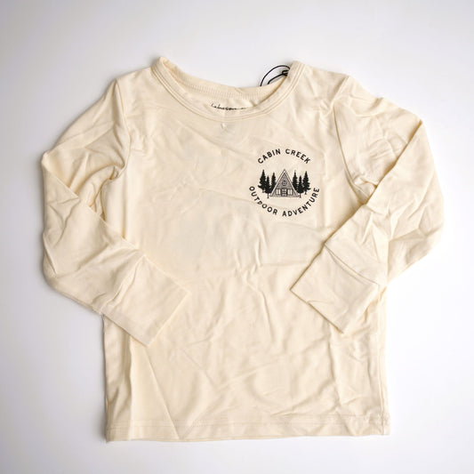 babysprouts, long sleeve, boys, tee,with a cabin and tree scene. outdoorsy.  white