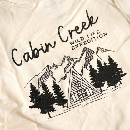 babysprouts, long sleeve, boys, tee,with a cabin and tree scene. outdoorsy.  white