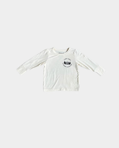 babysprouts, long sleeve, boys, tee,with a cabin and tree scene. outdoorsy.  white