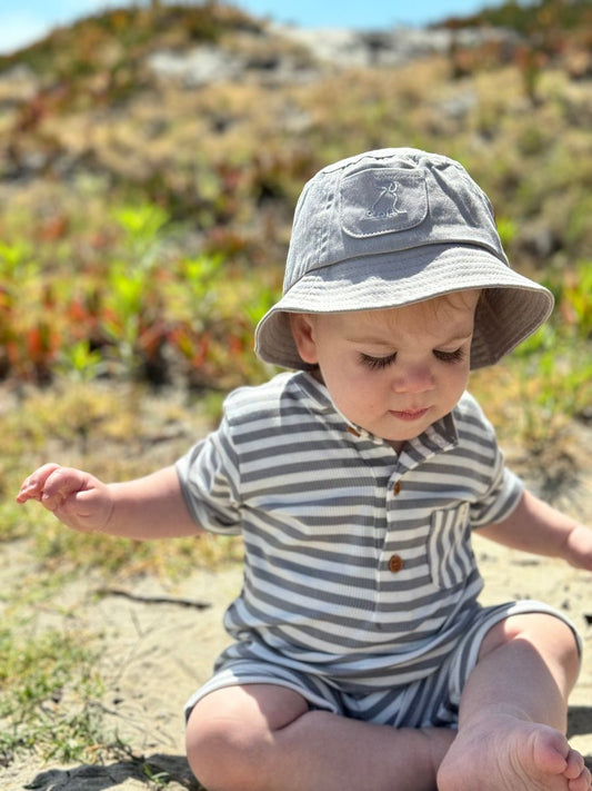 me & henry, grey and white striped ribbed romper.  Short sleeve and shorts, henley design