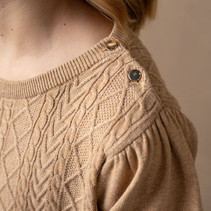 Hope and Henry Organic Cable Bodice Sweater Dress – Camel Heather Cable Bodice