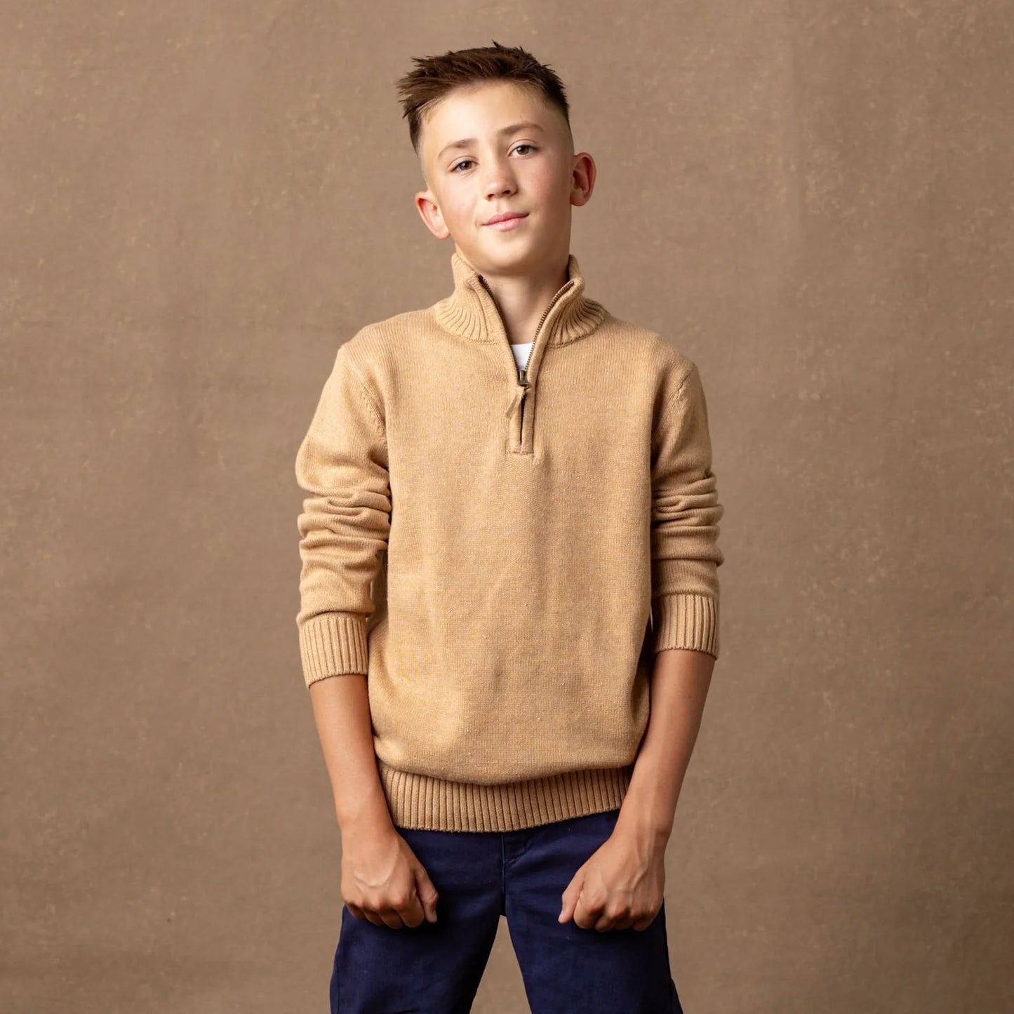 Hope and Henry Organic Half Zip Sweater – Camel Heather w/Flecks