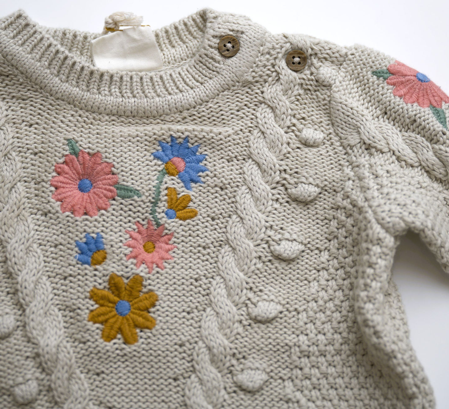 Viverano Organics Floral Embroidered Chunky Baby Pullover Sweater (Organic)- Stone