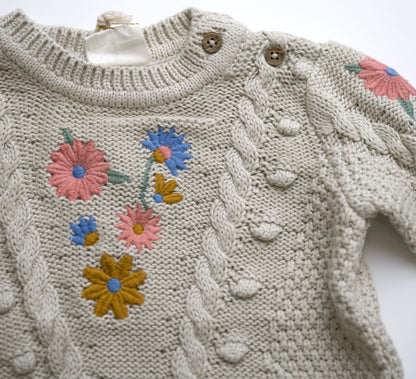 Viverano Organics Floral Embroidered Chunky Baby Pullover Sweater (Organic)- Stone