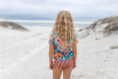 Oopsie Daisy Kid's Navy & Orange Floral Short Sleeve Rash Guard Swimsuit