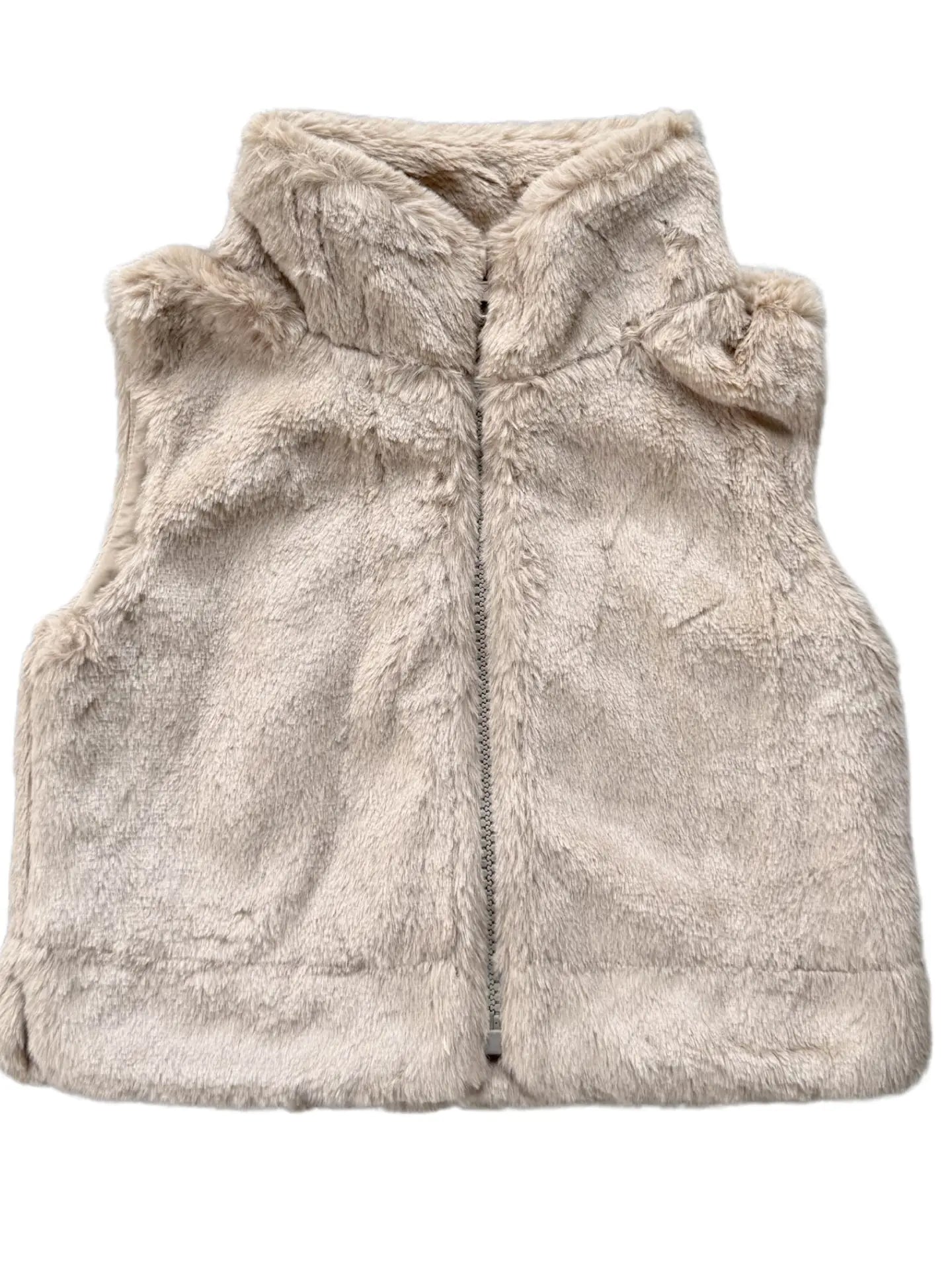Beige fleece vest with a hood on a white background