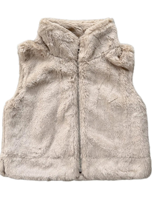 Beige fleece vest with a hood on a white background