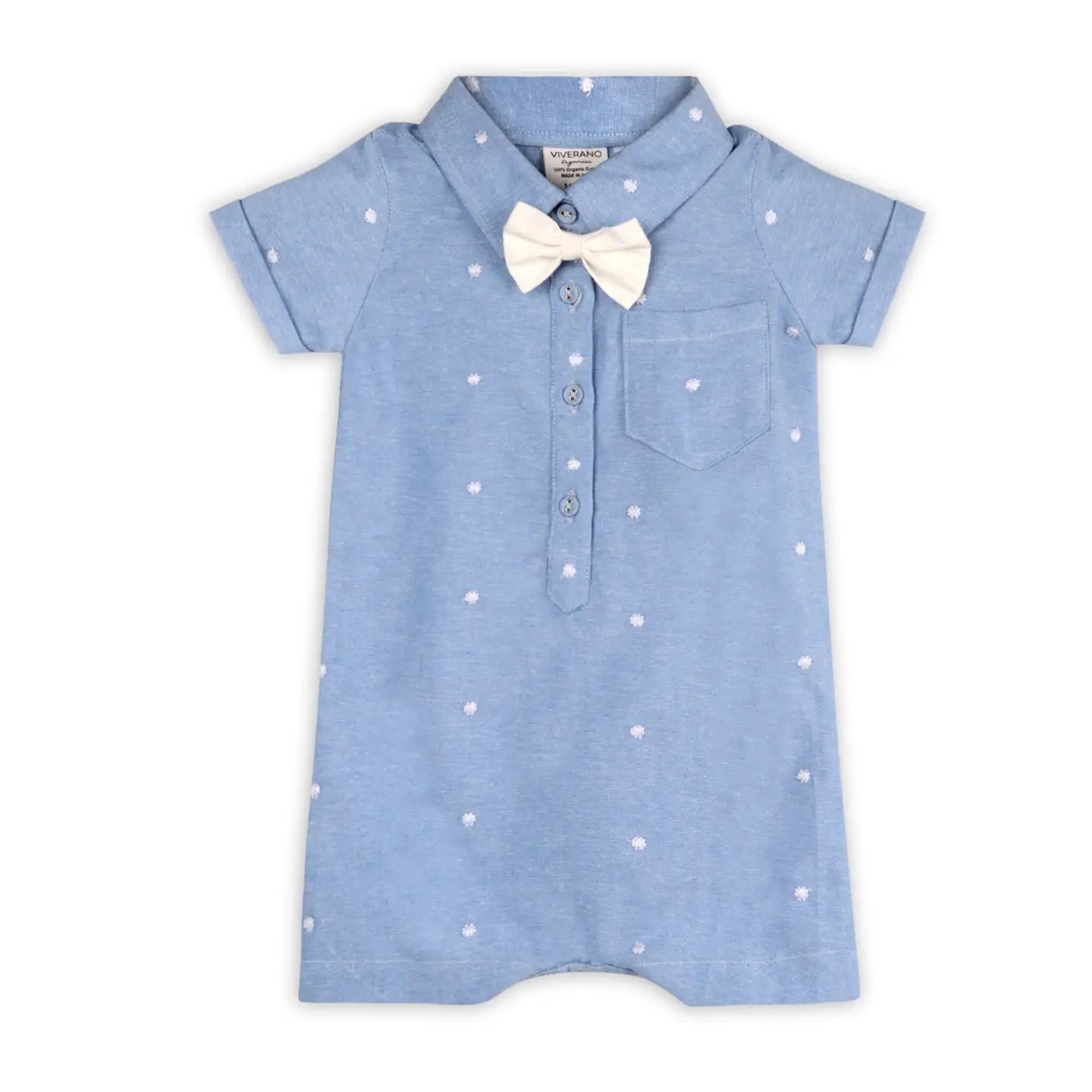 viverano, blue chambray romper, short sleeves and shorts, with collar and bow tie