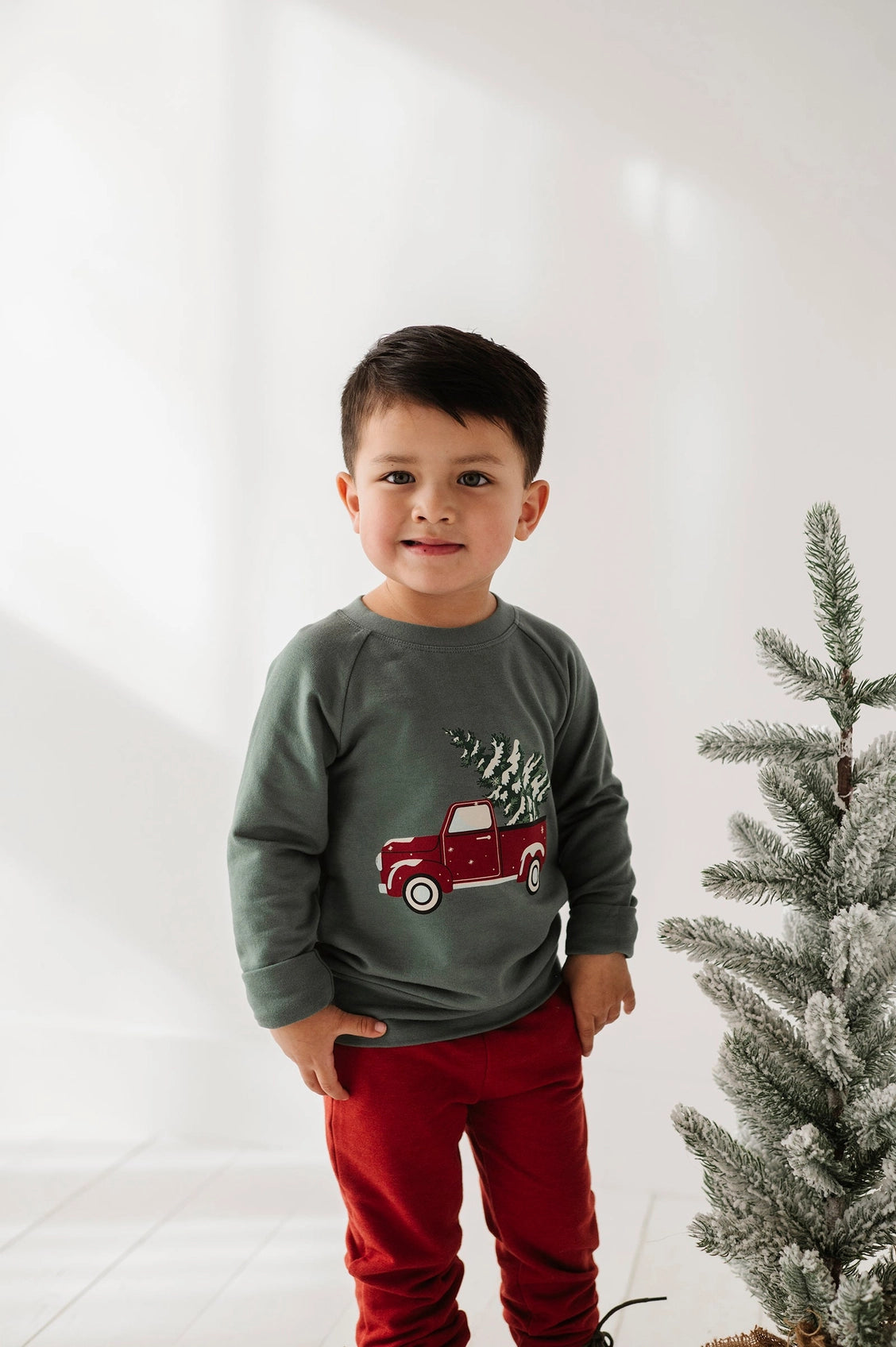 Child wearing a green shirt with a red truck design, standing next to a decorated Christmas tree.