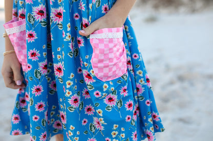 Oopsie Daisy Girl's Pink Check & Blue Floral Pocket Twirl Summer Dress