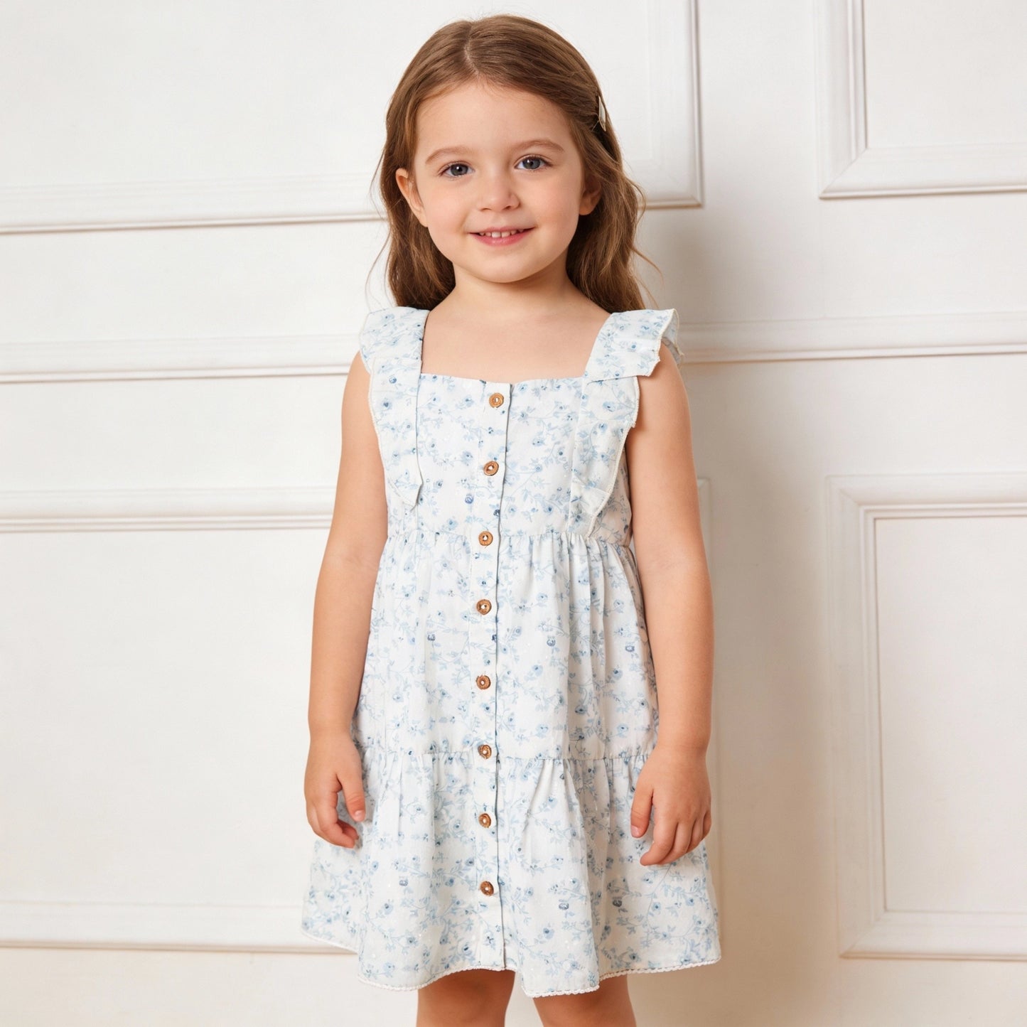 Makemake Organics Organic Flutter Buttoned Tiered Dress - Bluebelle