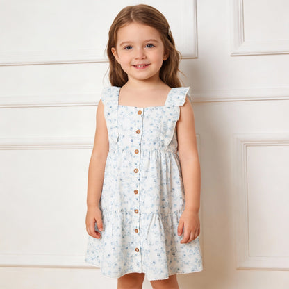 Makemake Organics Organic Flutter Buttoned Tiered Dress - Bluebelle