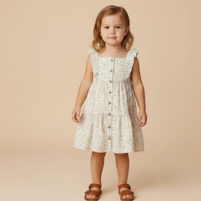 Makemake Organics Organic Flutter Buttoned Tiered Dress - Ivy Floral